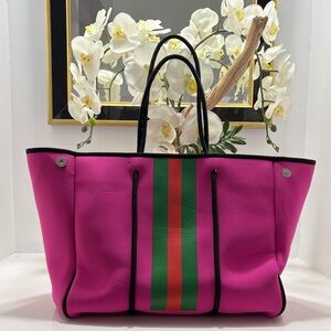 Parker & Hyde Vibrant Hot Pink Tote with Green and Red Center Stripe